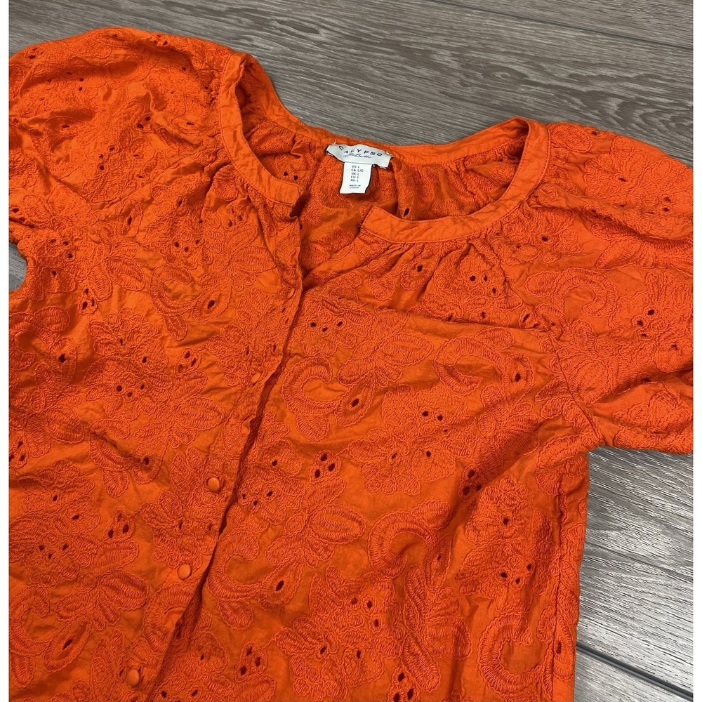 Calypso St Barth Women's Floral Embroidered Lace Button Front Top Orange Size‎ L